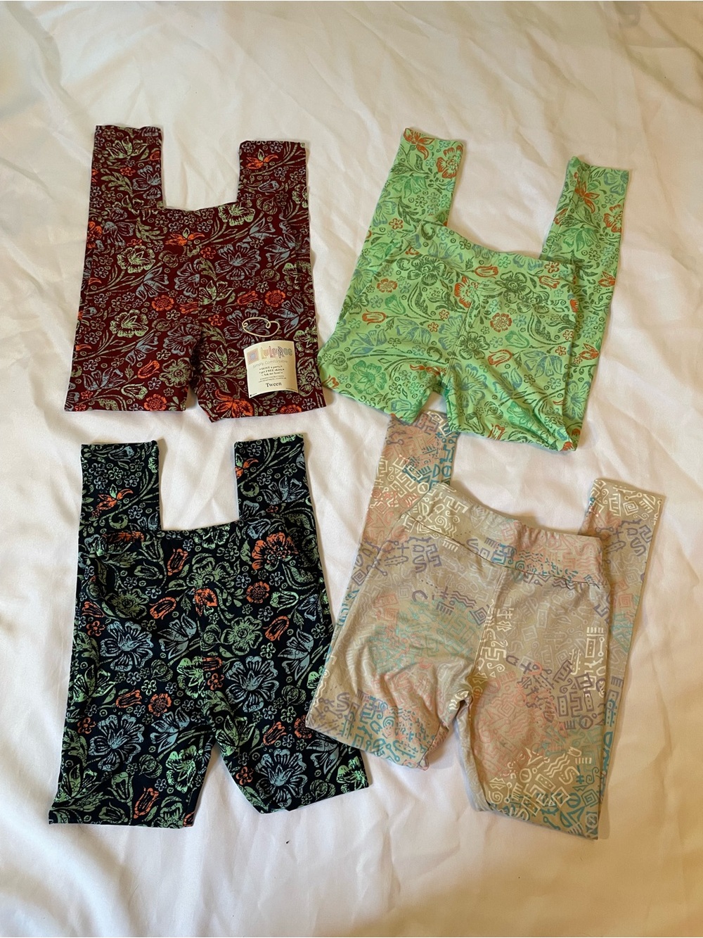 LuLaRoe Kids Leggings 4-set in Burgundy, Mint, Black, and Beige, Size Tween (XL)
